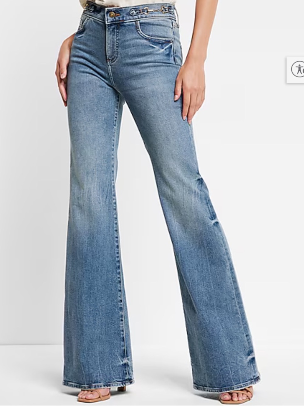 Express 70’s Flare Mid- rise medium wash Horse bit Jeans 2R